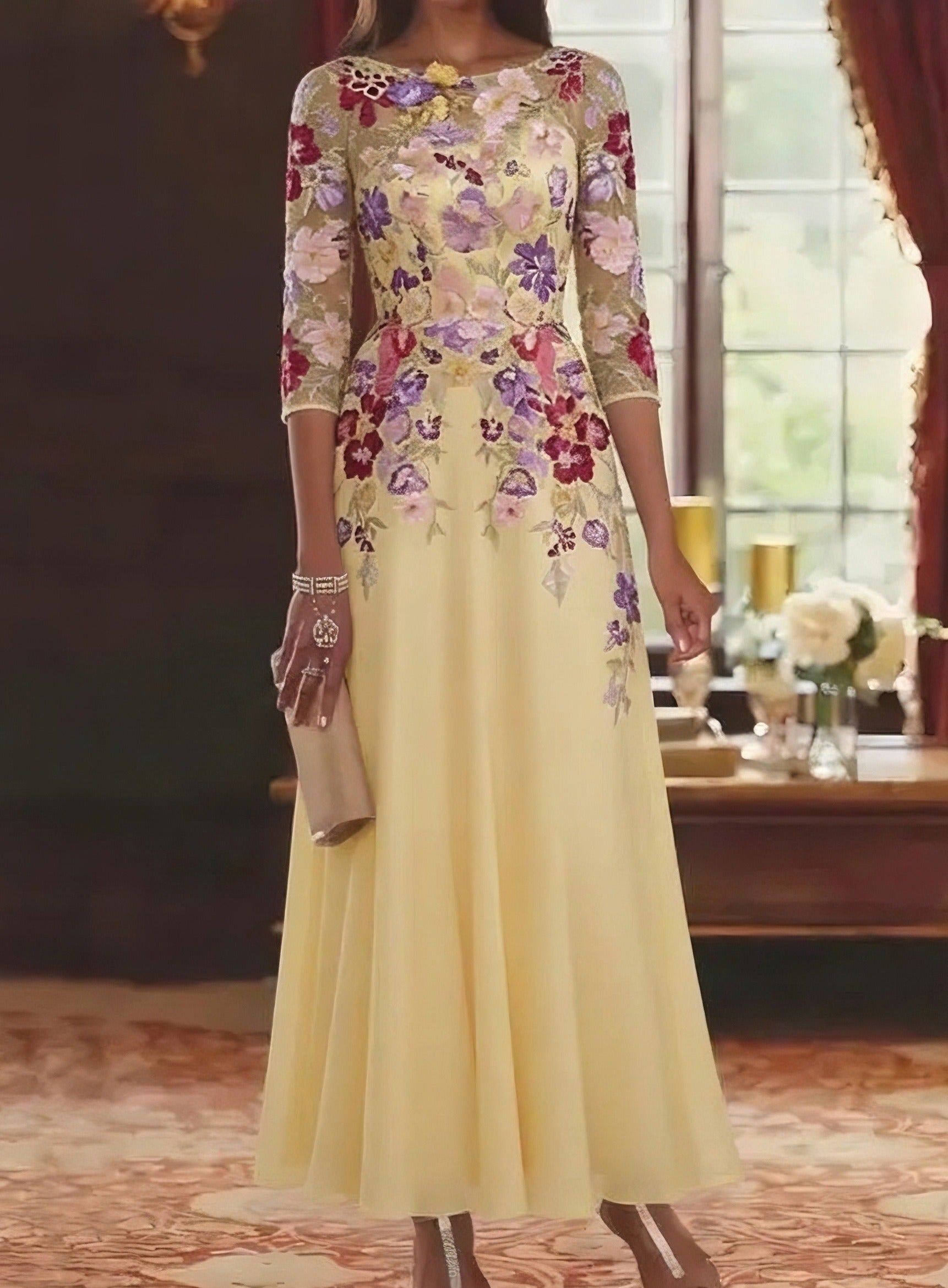 A Line Princess Scoop Chiffon Mother Of The Bride Dresses Lace Floral Half Sleeves Ankle Length
