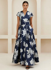 A Line Princess V Neck Printed Satin Mother Of The Bride Dresses Short Sleeves Floral Ankle Length