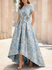 A Line Princess Scoop Printed Satin Mother Of The Bride Dresses Short Sleeves Floral Asymmetrical Ankle Length 3D Flower Pocket