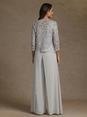 3 Pieces Square Collar Chiffon Mother Of The Bride Pantsuits With Jacket Lace Ankle Length With Overskirt 3 4 Sleeves