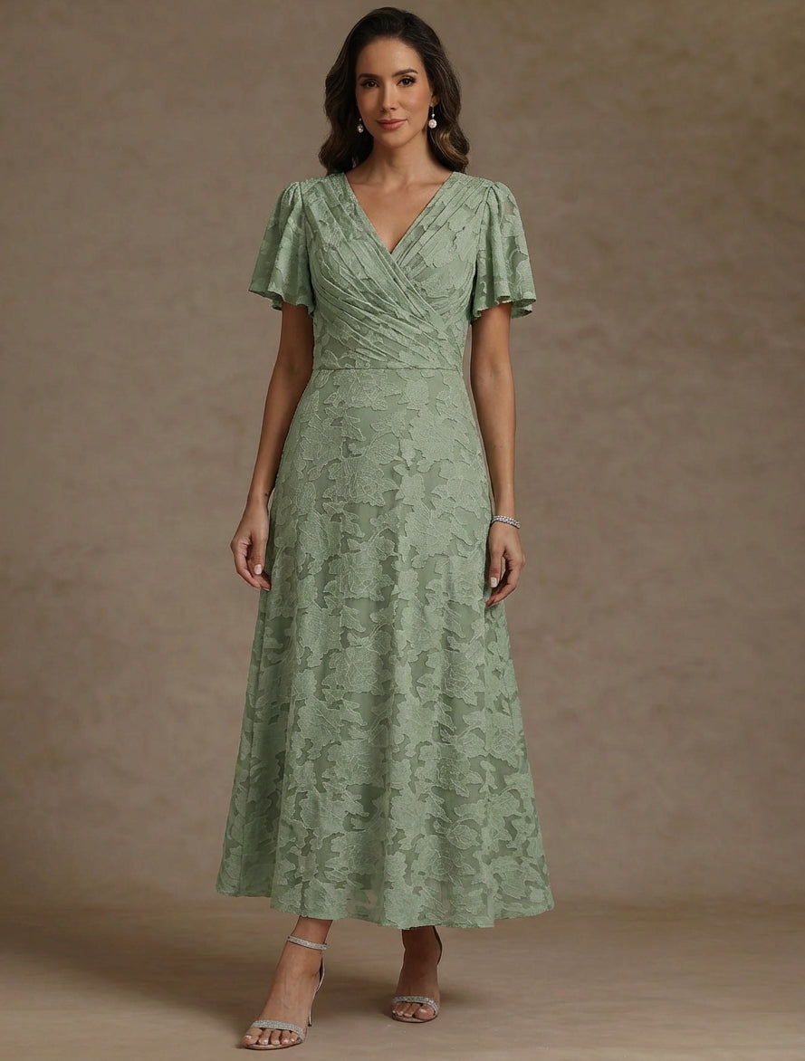 A Line Princess V Neck Floral Burnout Mother Of The Bride Dresses Short Sleeves Ankle Length Ruched