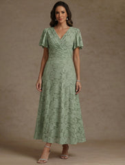 A Line Princess V Neck Floral Burnout Mother Of The Bride Dresses Short Sleeves Ankle Length Ruched