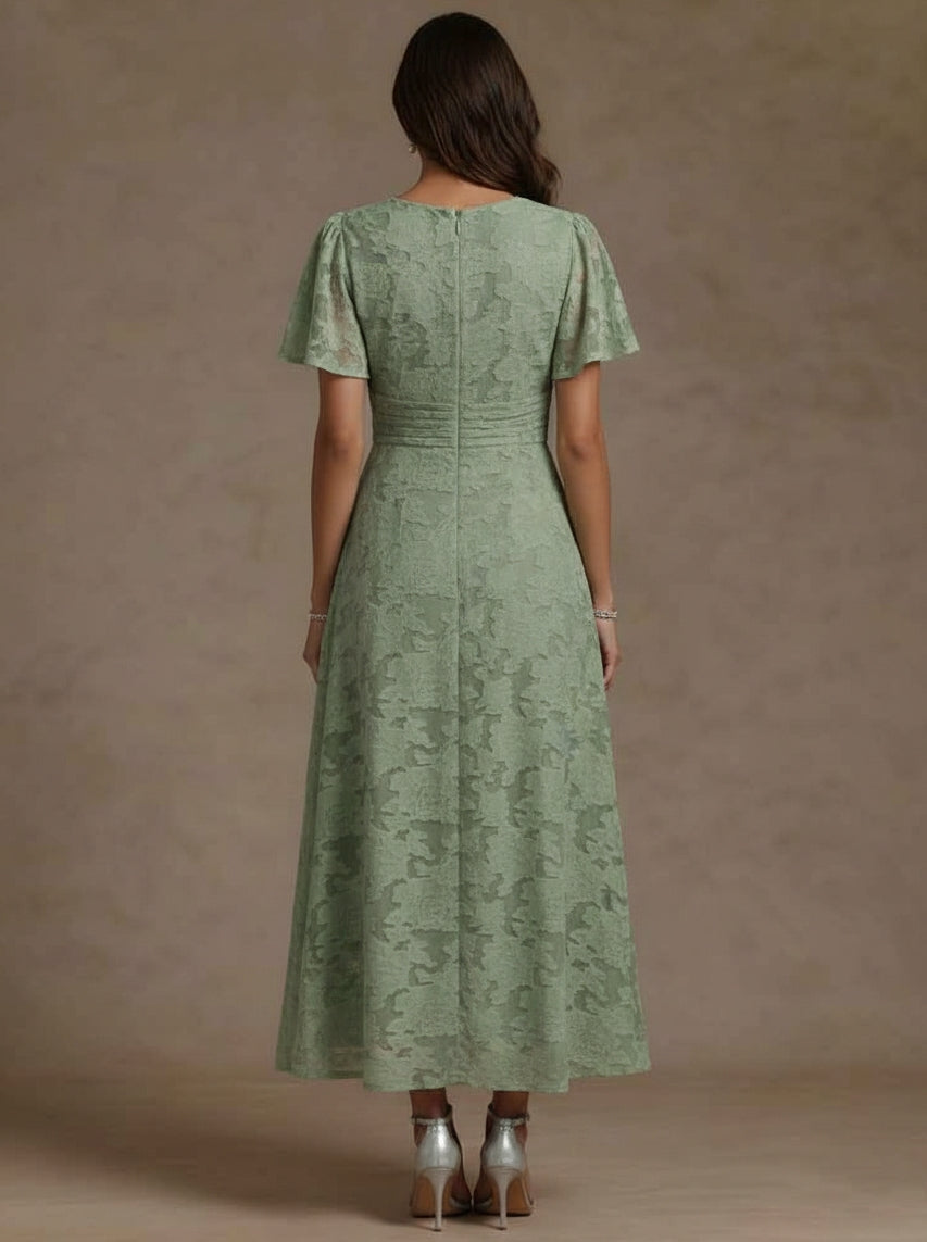 A Line Princess V Neck Floral Burnout Mother Of The Bride Dresses Short Sleeves Ankle Length Ruched
