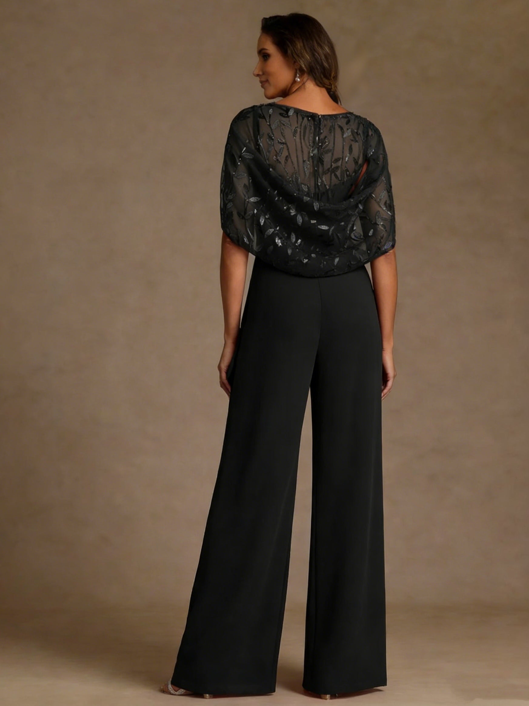 Chiffon Mother Of The Bride Jumpsuits Scoop Lace Floor Length Cape Sleeves