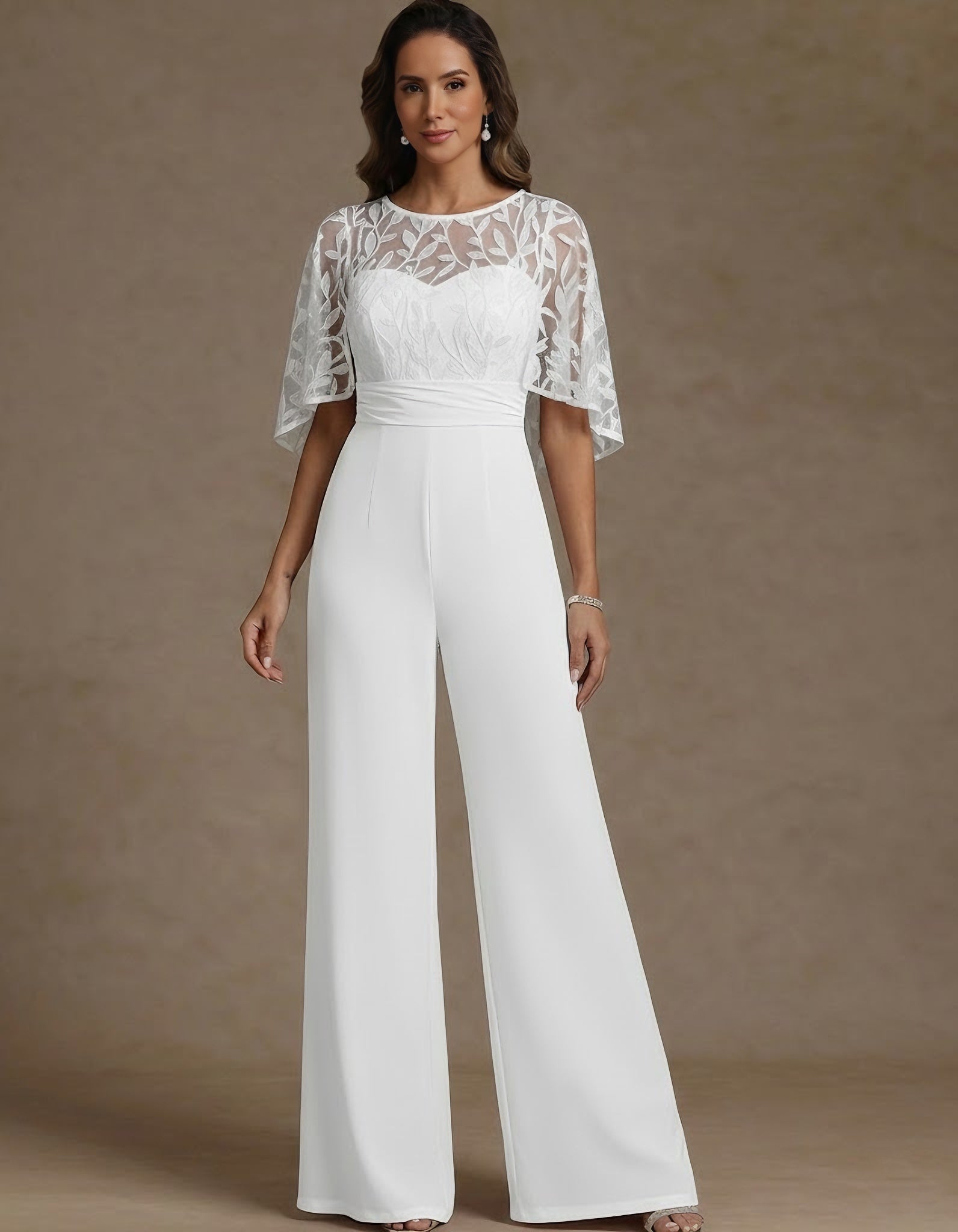 Chiffon Mother Of The Bride Jumpsuits Scoop Lace Floor Length Cape Sleeves