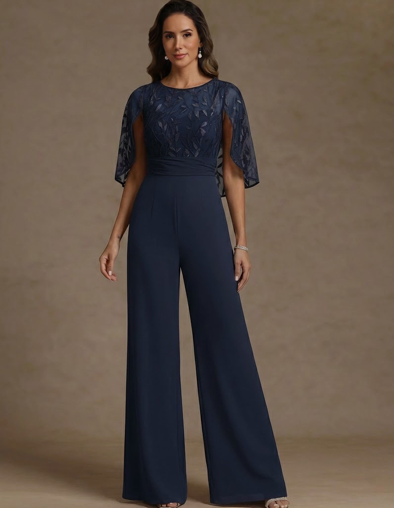 Chiffon Mother Of The Bride Jumpsuits Scoop Lace Floor Length Cape Sleeves