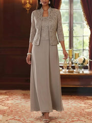 2 Pieces A Line Princess Square Collar Chiffon Mother Of The Bride Dresses With Jacket Lace Ankle Length 3 4 Sleeves