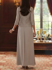 2 Pieces A Line Princess Square Collar Chiffon Mother Of The Bride Dresses With Jacket Lace Ankle Length 3 4 Sleeves