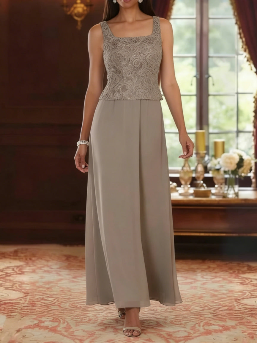 2 Pieces A Line Princess Square Collar Chiffon Mother Of The Bride Dresses With Jacket Lace Ankle Length 3 4 Sleeves