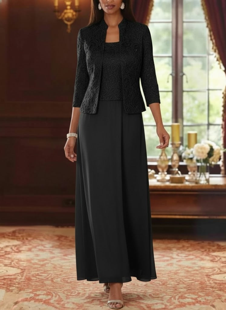 2 Pieces A Line Princess Square Collar Chiffon Mother Of The Bride Dresses With Jacket Lace Ankle Length 3 4 Sleeves