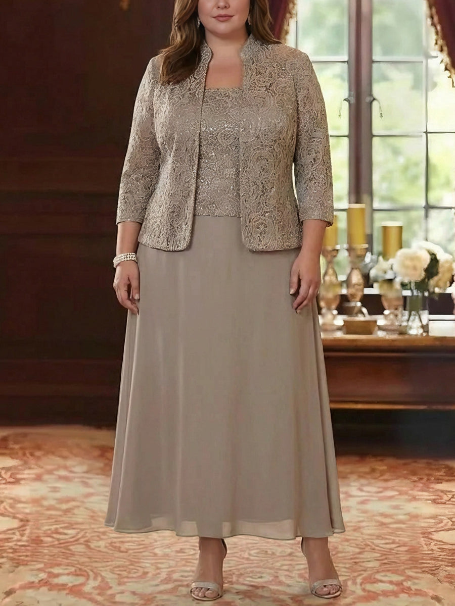 2 Pieces A Line Princess Square Collar Chiffon Plus Size Mother Of The Bride Dresses With Jacket Lace Ankle Length 3 4 Sleeves