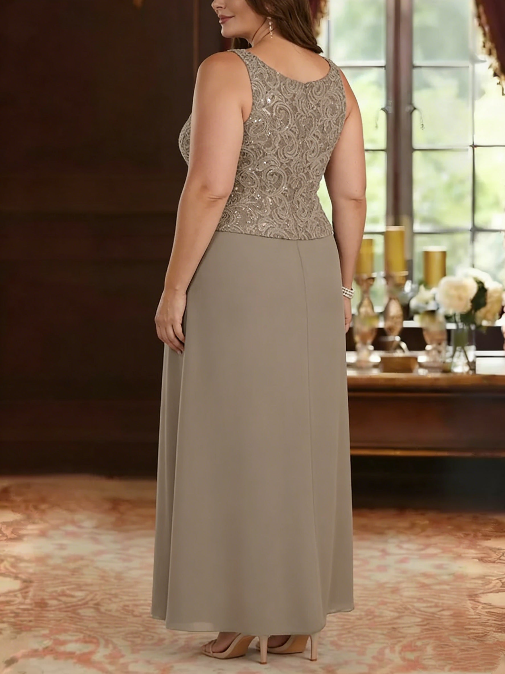 2 Pieces A Line Princess Square Collar Chiffon Plus Size Mother Of The Bride Dresses With Jacket Lace Ankle Length 3 4 Sleeves