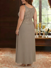 2 Pieces A Line Princess Square Collar Chiffon Plus Size Mother Of The Bride Dresses With Jacket Lace Ankle Length 3 4 Sleeves