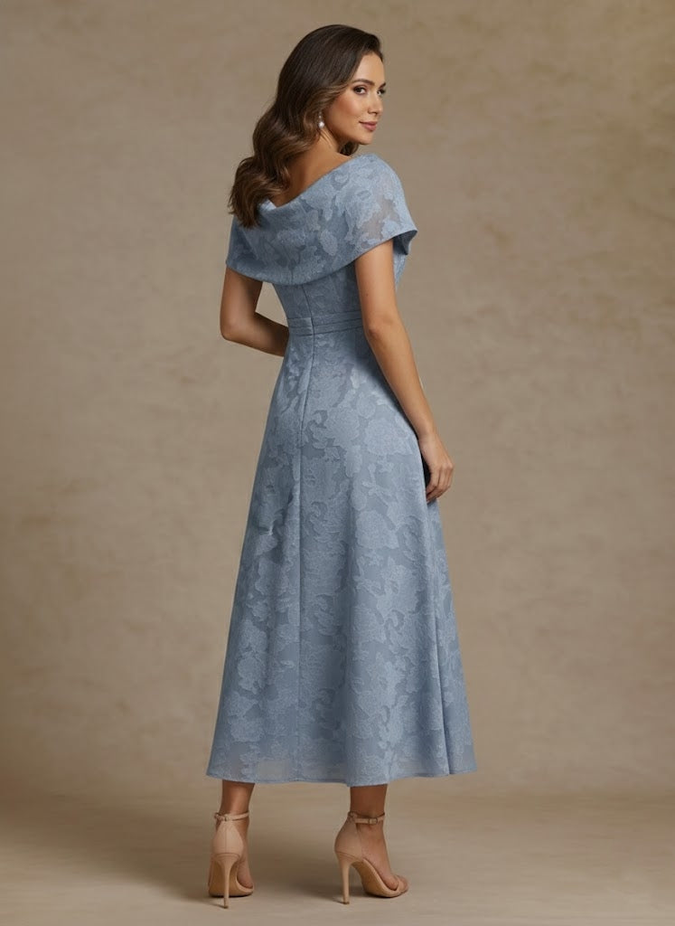 A Line Princess Off The Shoulder Chiffon Mother Of The Bride Dresses Lace Ankle Length Short Sleeves