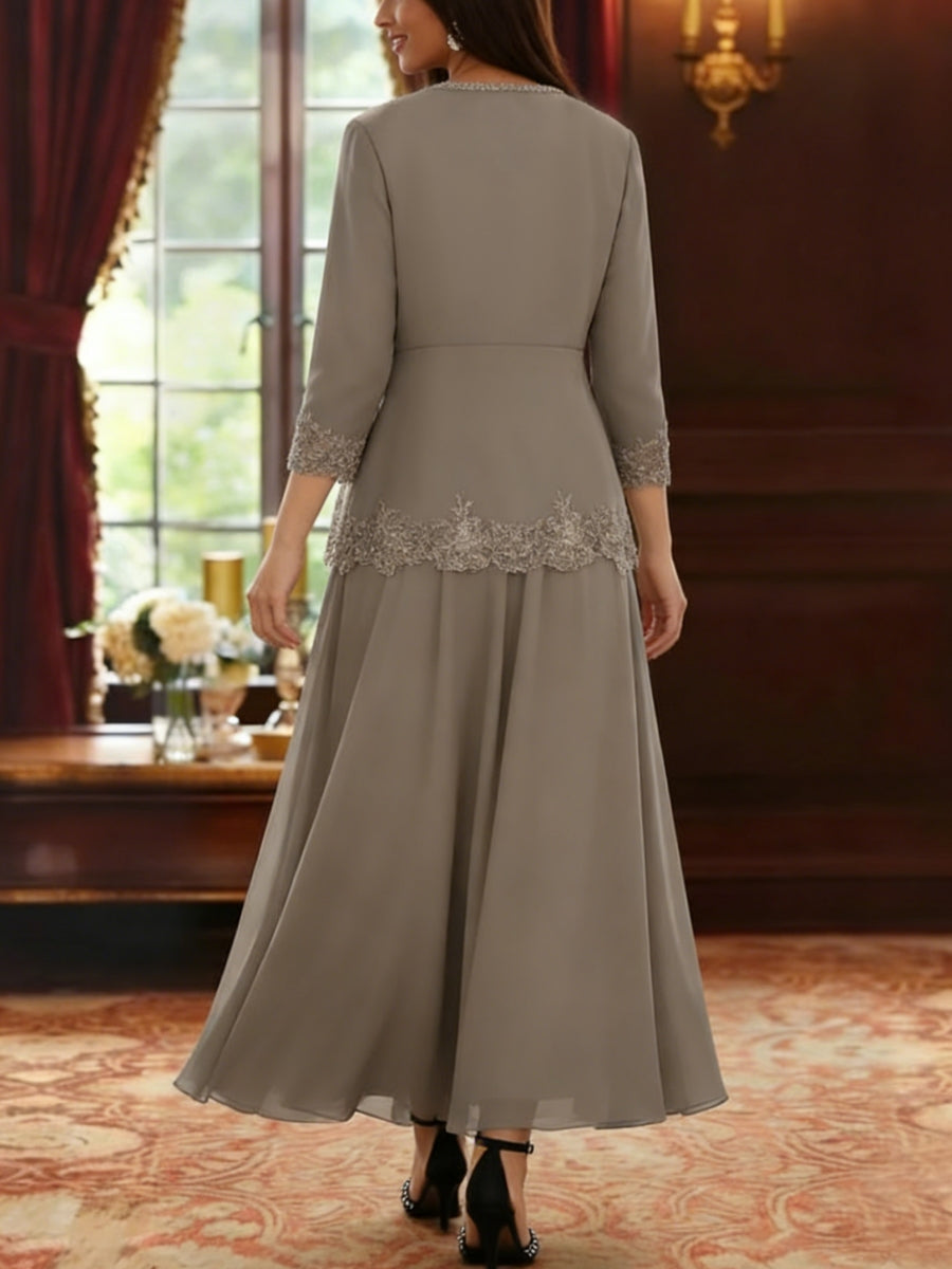 2 Pieces A Line Princess V Neck Chiffon Mother Of The Bride Dresses With Jacket Lace Ankle Length 3 4 Sleeves
