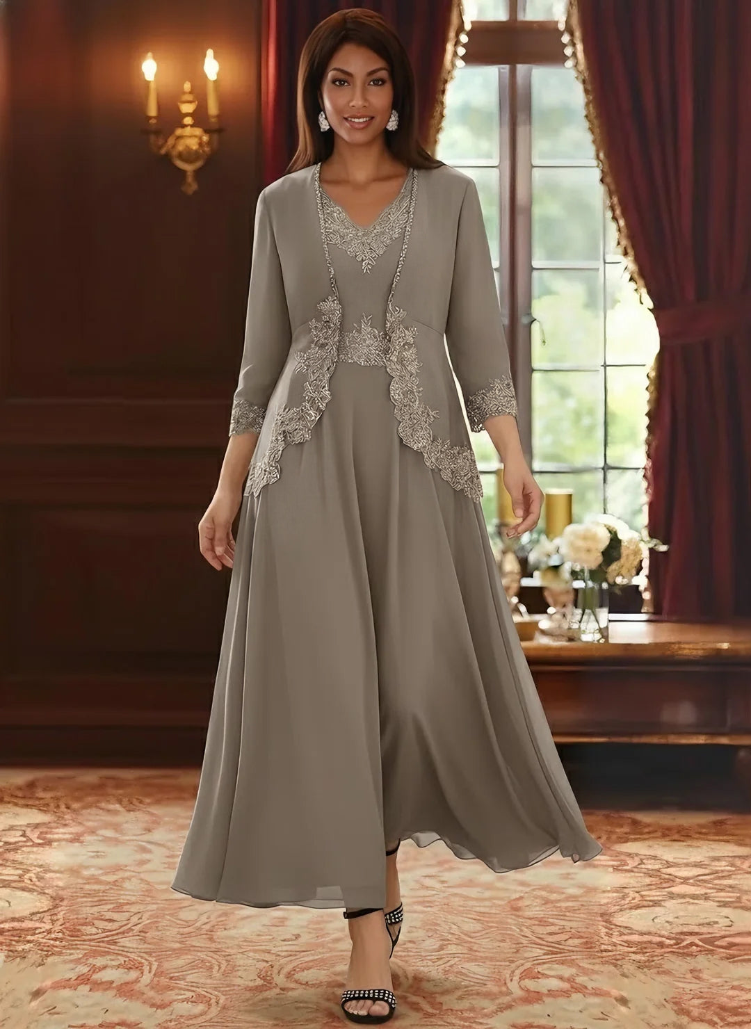 2 Pieces A Line Princess V Neck Chiffon Mother Of The Bride Dresses With Jacket Lace Ankle Length 3 4 Sleeves