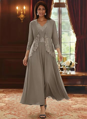 2 Pieces A Line Princess V Neck Chiffon Mother Of The Bride Dresses With Jacket Lace Ankle Length 3 4 Sleeves