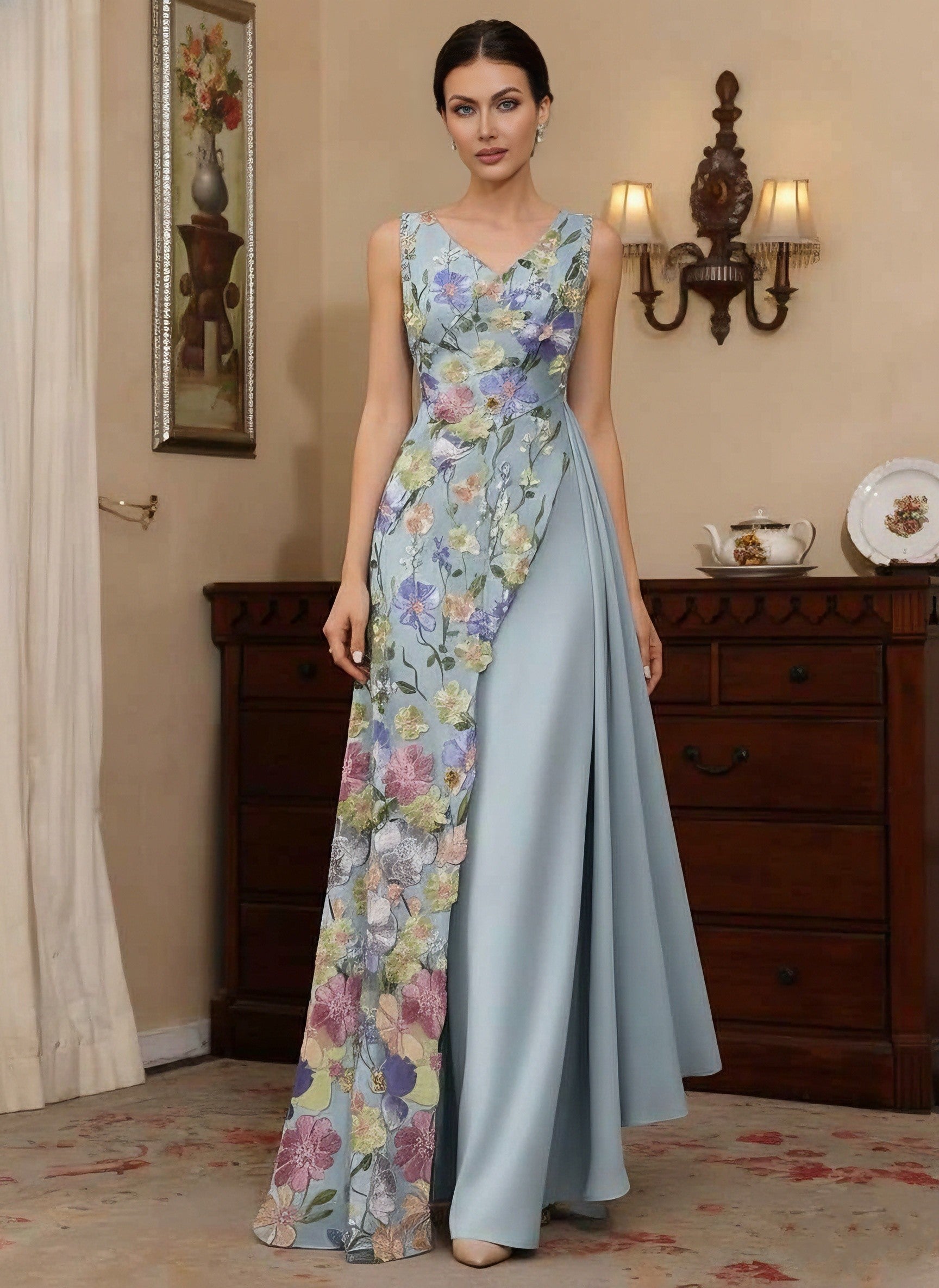 A Line Princess V Neck Stretch Satin Mother Of The Bride Dresses Floral Lace Floor Length Sleeveless Ruffles