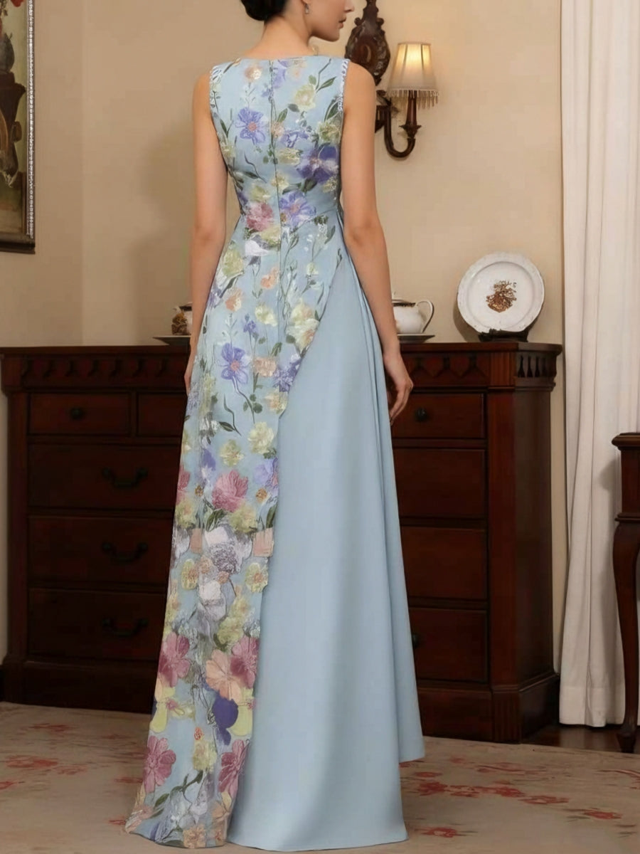 A Line Princess V Neck Stretch Satin Mother Of The Bride Dresses Floral Lace Floor Length Sleeveless Ruffles