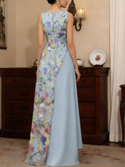 A Line Princess V Neck Stretch Satin Mother Of The Bride Dresses Floral Lace Floor Length Sleeveless Ruffles