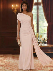 Sheath Column One Shoulder Chiffon Mother Of The Bride Dresses With Watteau Train Floor Length Sleeveless