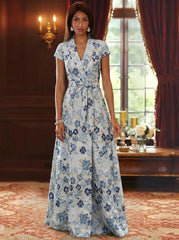 A Line Princess V Neck Jacquard Mother Of The Bride Dresses Floral Floor Length Short Sleeves Belt