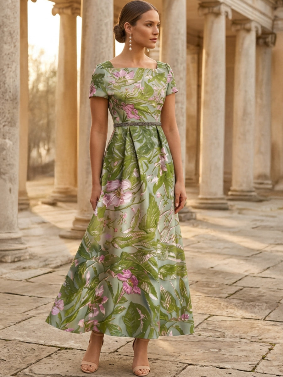 A Line Princess Square Collar Satin Mother Of The Bride Dresses Floral Ankle Length Short Sleeves