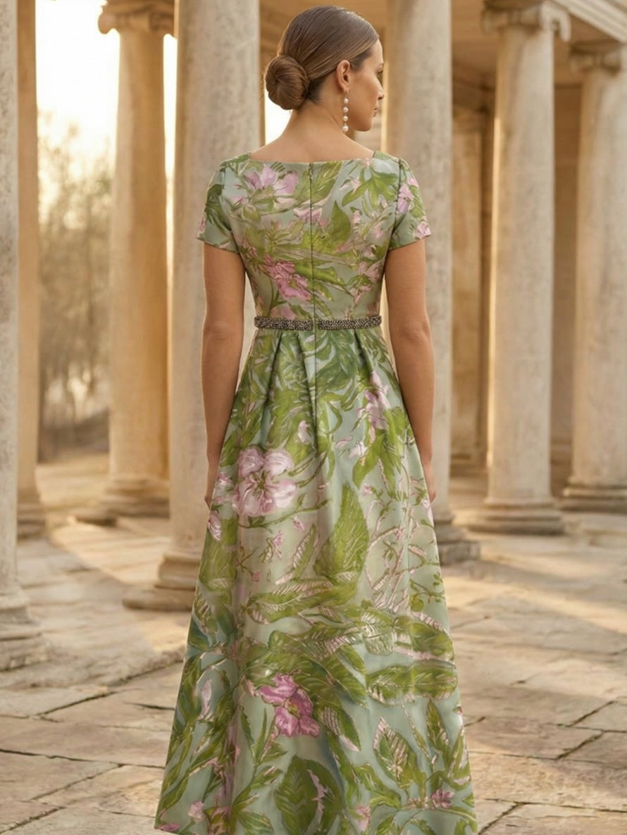 A Line Princess Square Collar Satin Mother Of The Bride Dresses Floral Ankle Length Short Sleeves