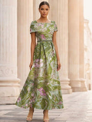 A Line Princess Square Collar Satin Mother Of The Bride Dresses Floral Ankle Length Short Sleeves