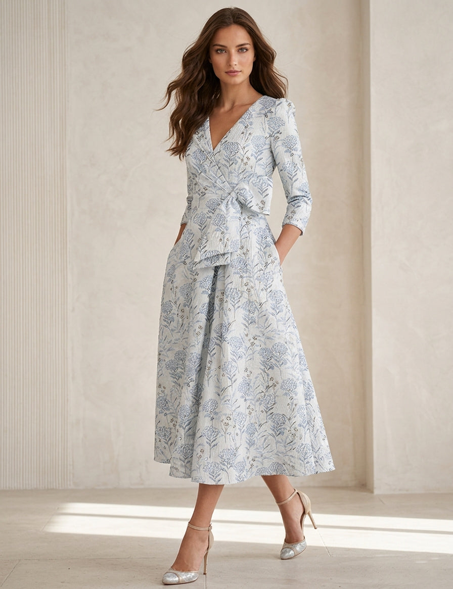 A Line Princess V Neck Jacquard Mother Of The Bride Dresses Floral Tea Length 3 4 Sleeves