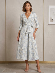 A Line Princess V Neck Jacquard Mother Of The Bride Dresses Floral Tea Length 3 4 Sleeves