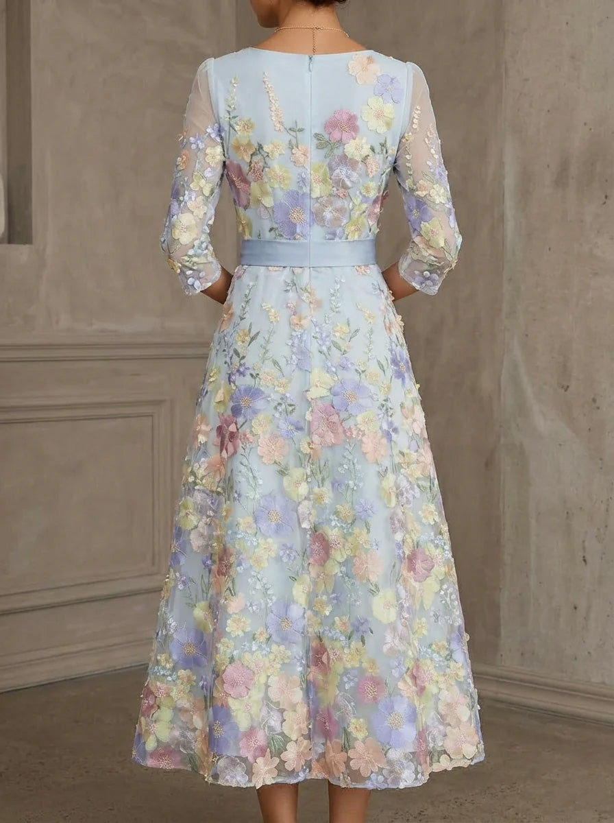 A Line Princess Scoop Lace Mother Of The Bride Dresses Floral Embroidery Tea Length 3 4 Sleeves Bowknot