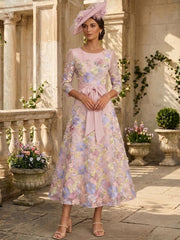 A Line Princess Scoop Lace Mother Of The Bride Dresses Floral Embroidery Tea Length 3 4 Sleeves Bowknot