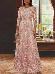 A Line Princess Scoop Lace Embroidery Mother Of The Bride Dresses Floral Ankle Length 3 4 Sleeves