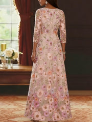 A Line Princess Scoop Lace Embroidery Mother Of The Bride Dresses Floral Ankle Length 3 4 Sleeves