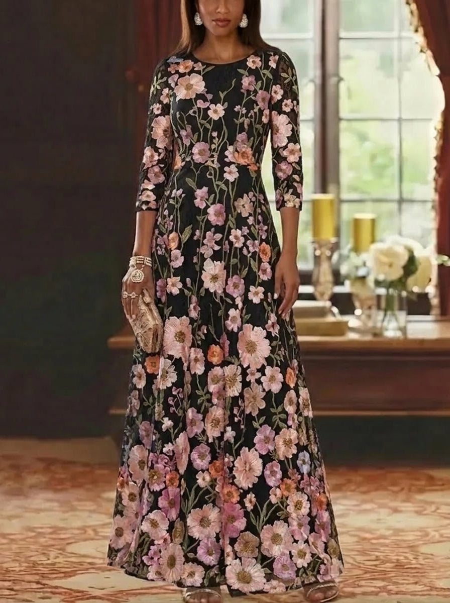 A Line Princess Scoop Lace Embroidery Mother Of The Bride Dresses Floral Ankle Length 3 4 Sleeves