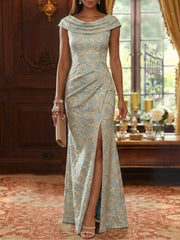 Sheath Column Cowl Neck Jacquard Mother Of The Bride Dresses Floral Floor Length Sleeveless