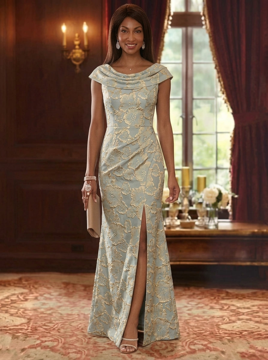 Sheath Column Cowl Neck Jacquard Mother Of The Bride Dresses Floral Floor Length Sleeveless