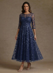 A Line Princess Scoop Lace Sequins Mother Of The Bride Dresses 3 4 Sleeves Floral Tea Length