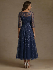 A Line Princess Scoop Lace Sequins Mother Of The Bride Dresses 3 4 Sleeves Floral Tea Length