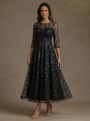A Line Princess Scoop Lace Sequins Mother Of The Bride Dresses 3 4 Sleeves Floral Tea Length