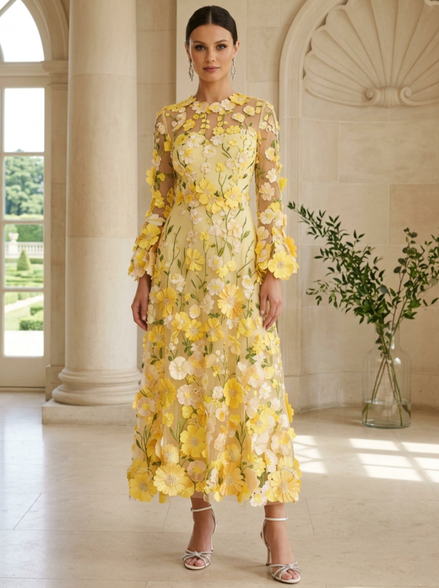 A Line Princess Scoop Lace Appliques Mother Of The Bride Dresses Floral Long Sleeves Tea Length