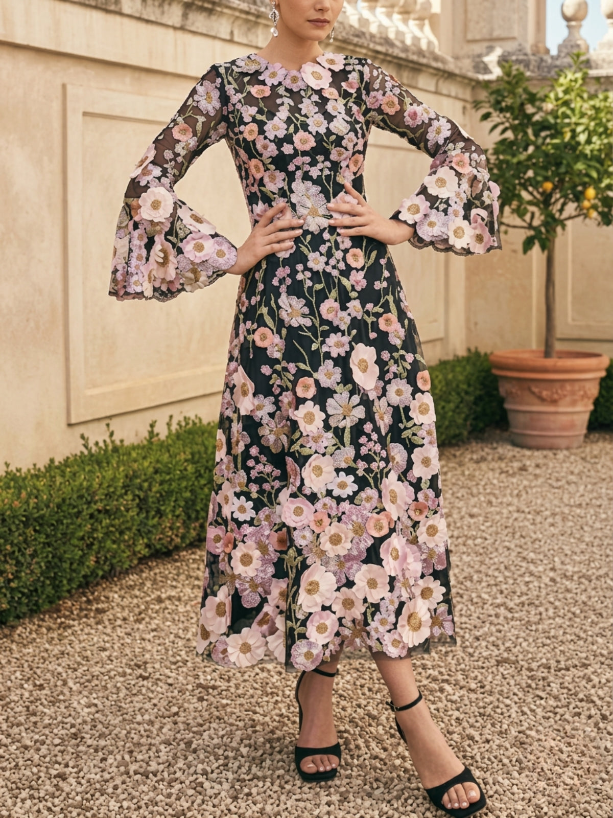 A Line Princess Scoop Lace Appliques Mother Of The Bride Dresses Floral Long Sleeves Tea Length