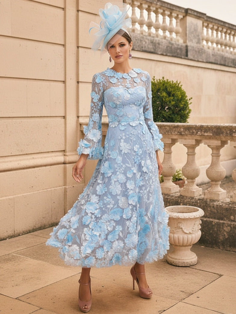 A Line Princess Scoop Lace Appliques Mother Of The Bride Dresses Floral Long Sleeves Tea Length