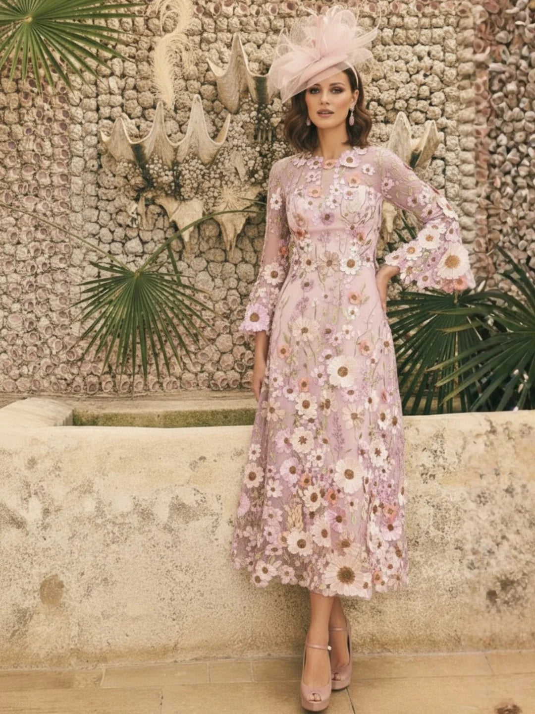 A Line Princess Scoop Lace Appliques Mother Of The Bride Dresses Floral Long Sleeves Tea Length