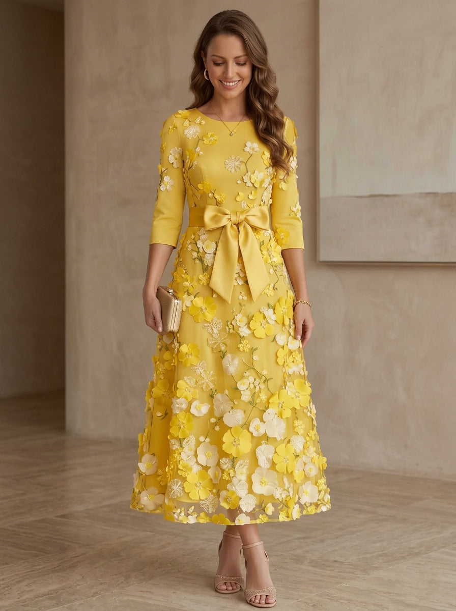 A-Line/Princess Scoop Satin Mother of the Bride Dresses with Bowknot Lace Floral 3/4 Sleeves Tea-Length