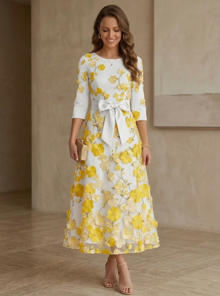 A Line Princess Scoop Satin Mother Of The Bride Dresses With Bowknot Lace Floral 3 4 Sleeves Tea Length