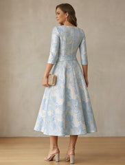 A Line Princess V Neck Satin Mother Of The Bride Dresses Floral 3 4 Sleeves Tea Length Ruched