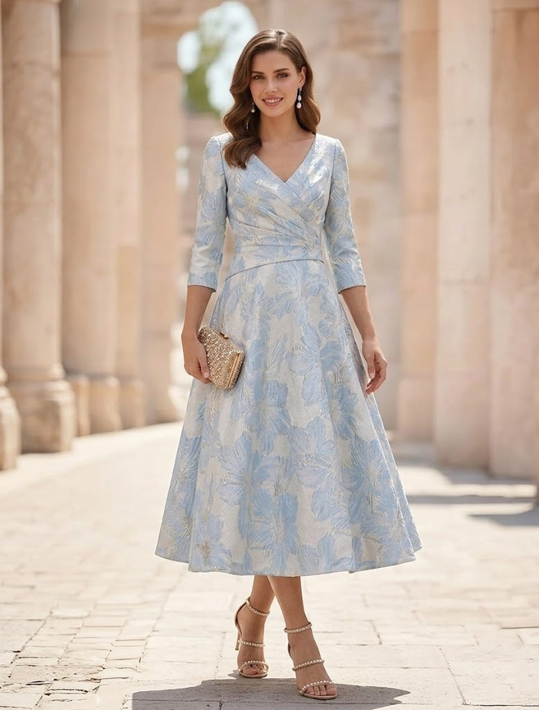 A Line Princess V Neck Satin Mother Of The Bride Dresses Floral 3 4 Sleeves Tea Length Ruched