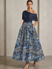 A Line Princess One Shoulder Satin Mother Of The Bride Dresses Floral Short Sleeves Ankle Length